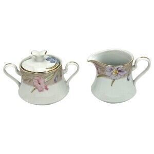 Mikasa Charisma Beige L9048 Creamer & Sugar Bowl Lid Floral 3pc Dinnerware VTG